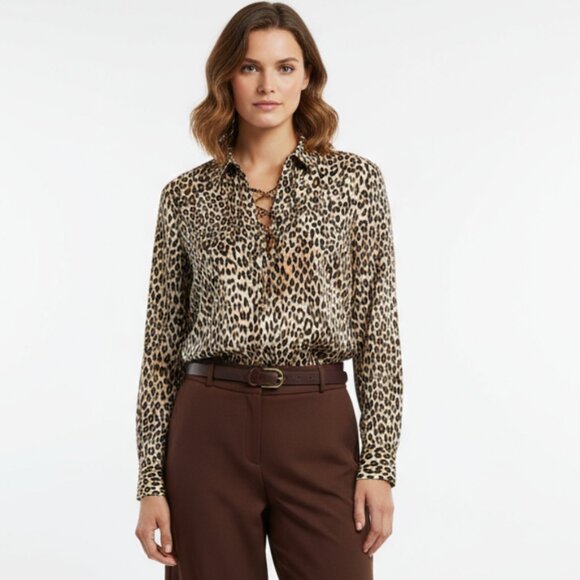 Chico’s Brown & Black Animal Print Long Sleeve Tie Bodice Tunic Blouse Top 3 XL - Picture 1 of 6